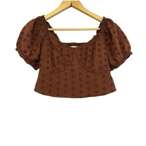 Hollister Renfair Crop Top Women XS Brown Eyelet Puff Sleeve Smocked Cottagecore